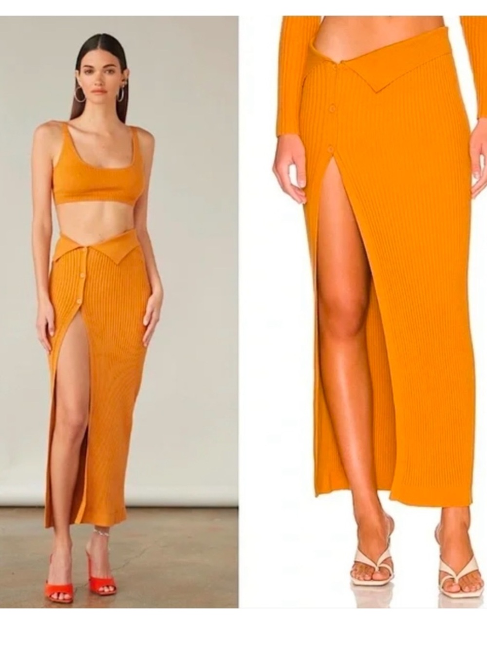 Atoir Hayden Ribbed Maxi Skirt and top in Mustard Orange